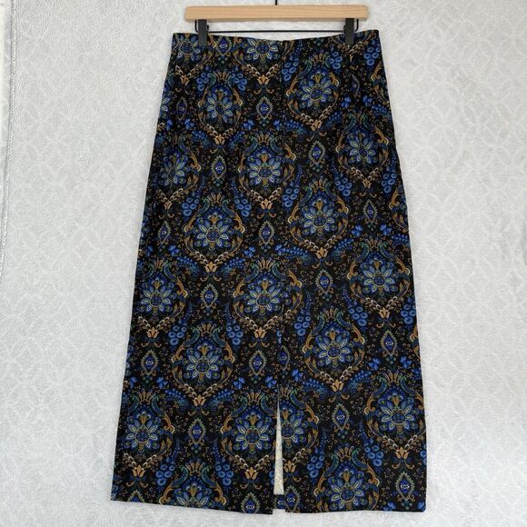 Vtg Midi Skirt 12 Blue Gold Damask Academia Old Money Modest Grunge Boho 90s Y2K - Picture 3 of 10